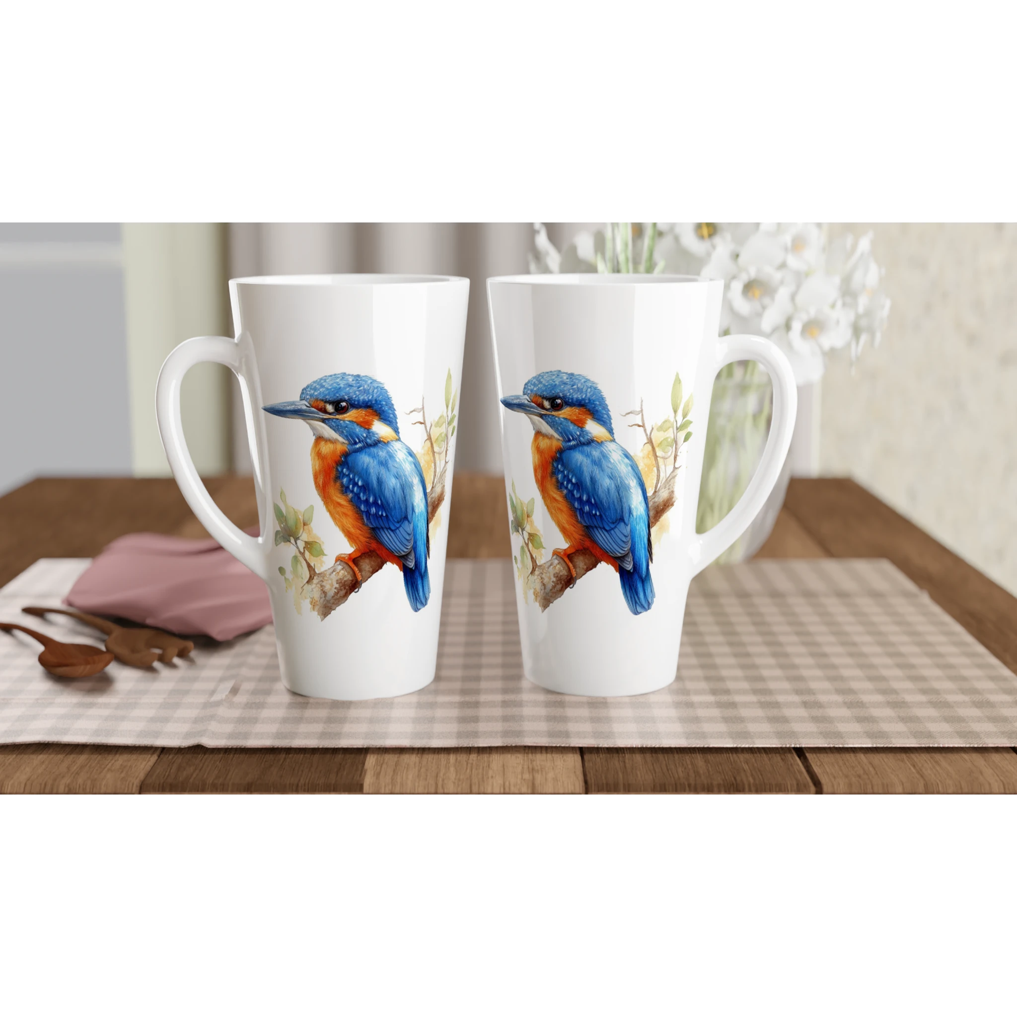Personalise - Kingfisher, Australian Birds - White Latte 17oz Ceramic Mug Personalised Latte Mug animal Globally Fulfilled