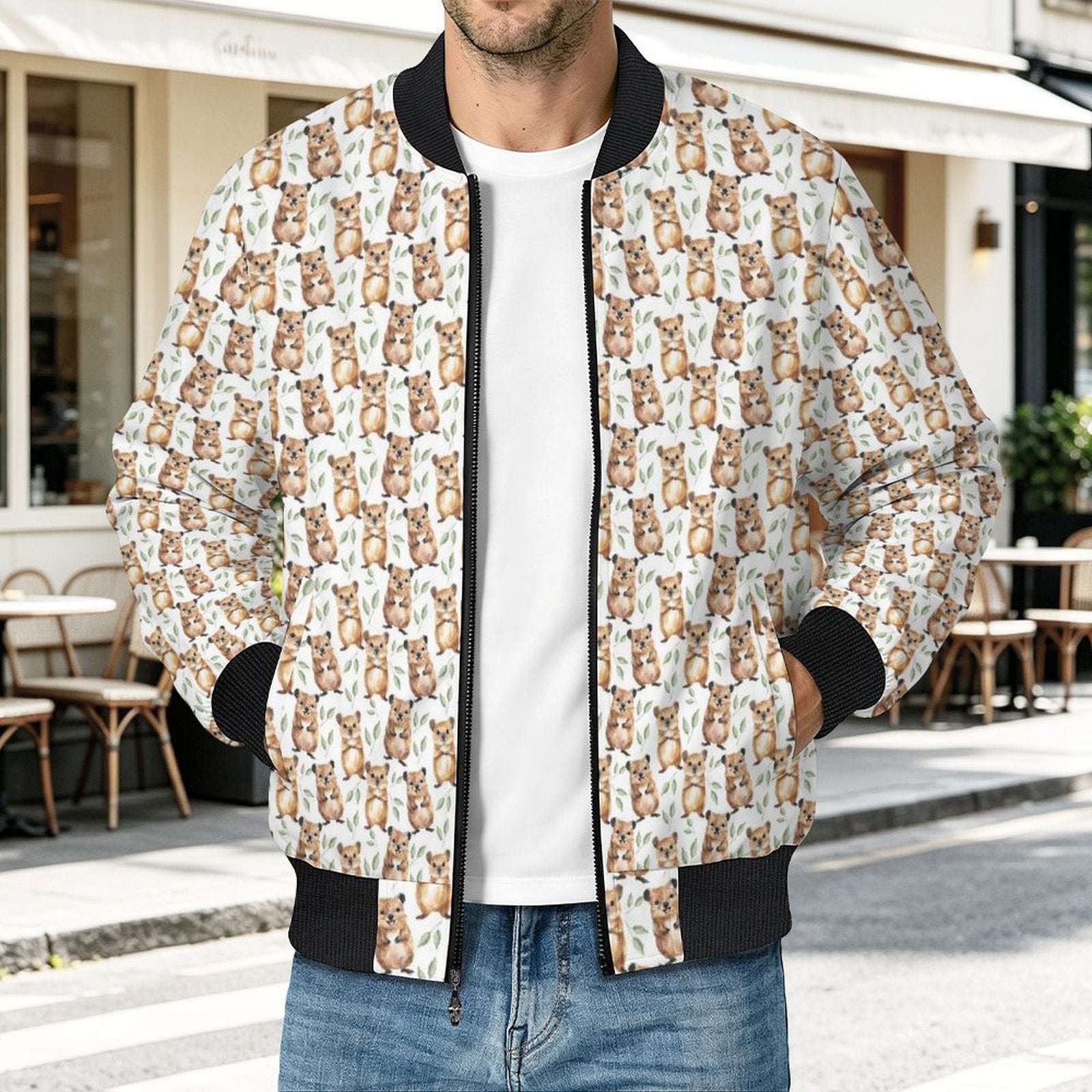 Quokkas Men's Casual Zip‑Up Bomber Jacket