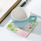 Pink With Flower Border - Ceramic Coasters (Square) Ceramic Coasters Plants Printed Offshore