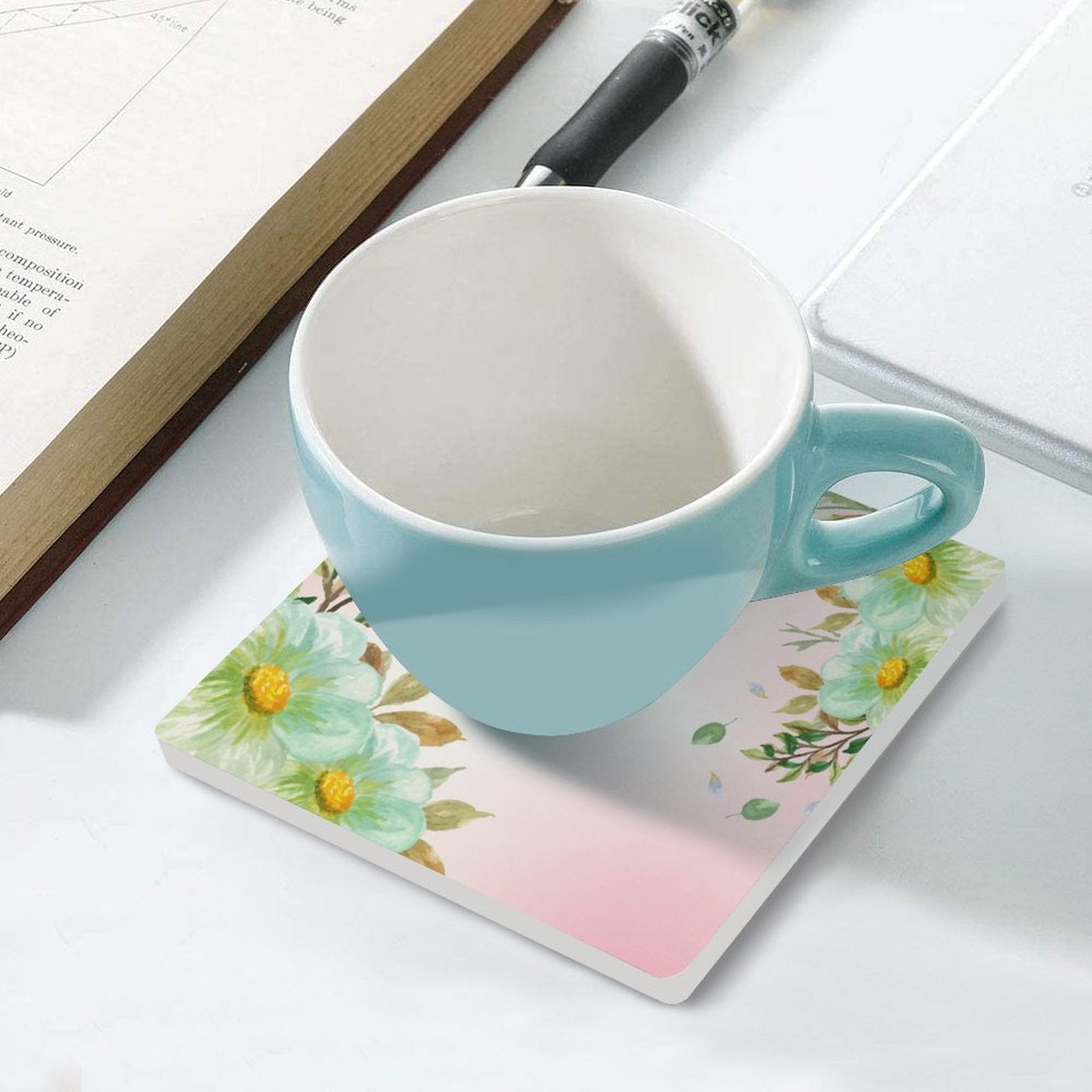Pink With Flower Border - Ceramic Coasters (Square) Ceramic Coasters Plants Printed Offshore