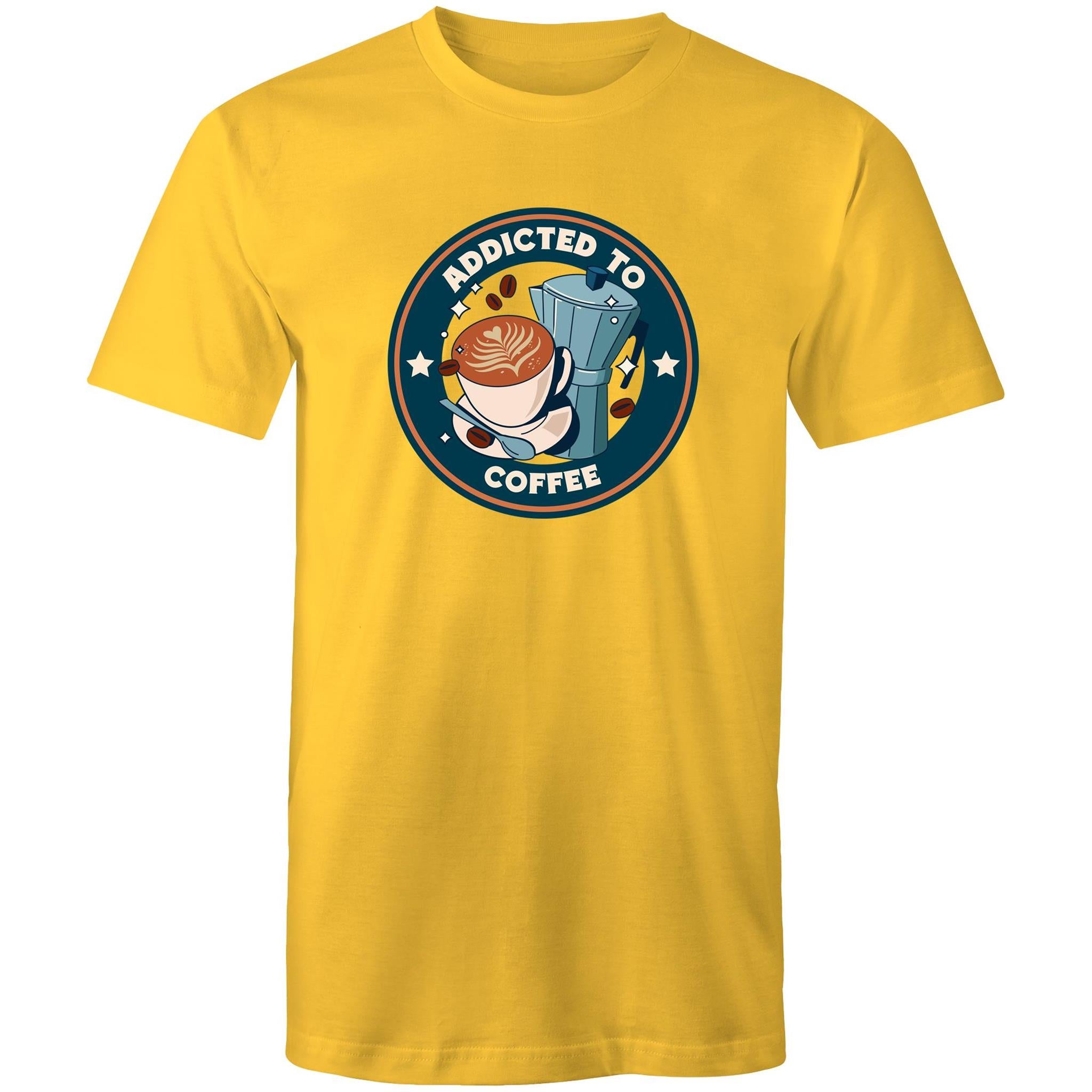 Addicted To Coffee - Mens T-Shirt Yellow Mens T-shirt Coffee Printed In Australia