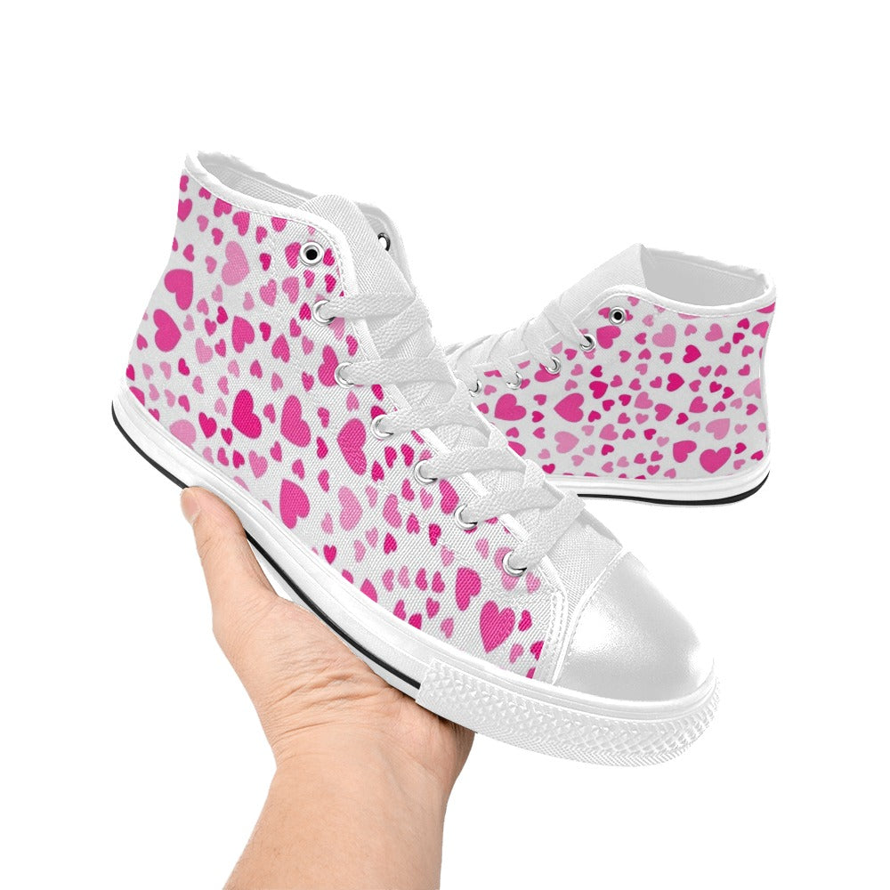 Pink Hearts On White Women's High Top Canvas Shoes Womens Classic High Top Shoes Love Printed Offshore