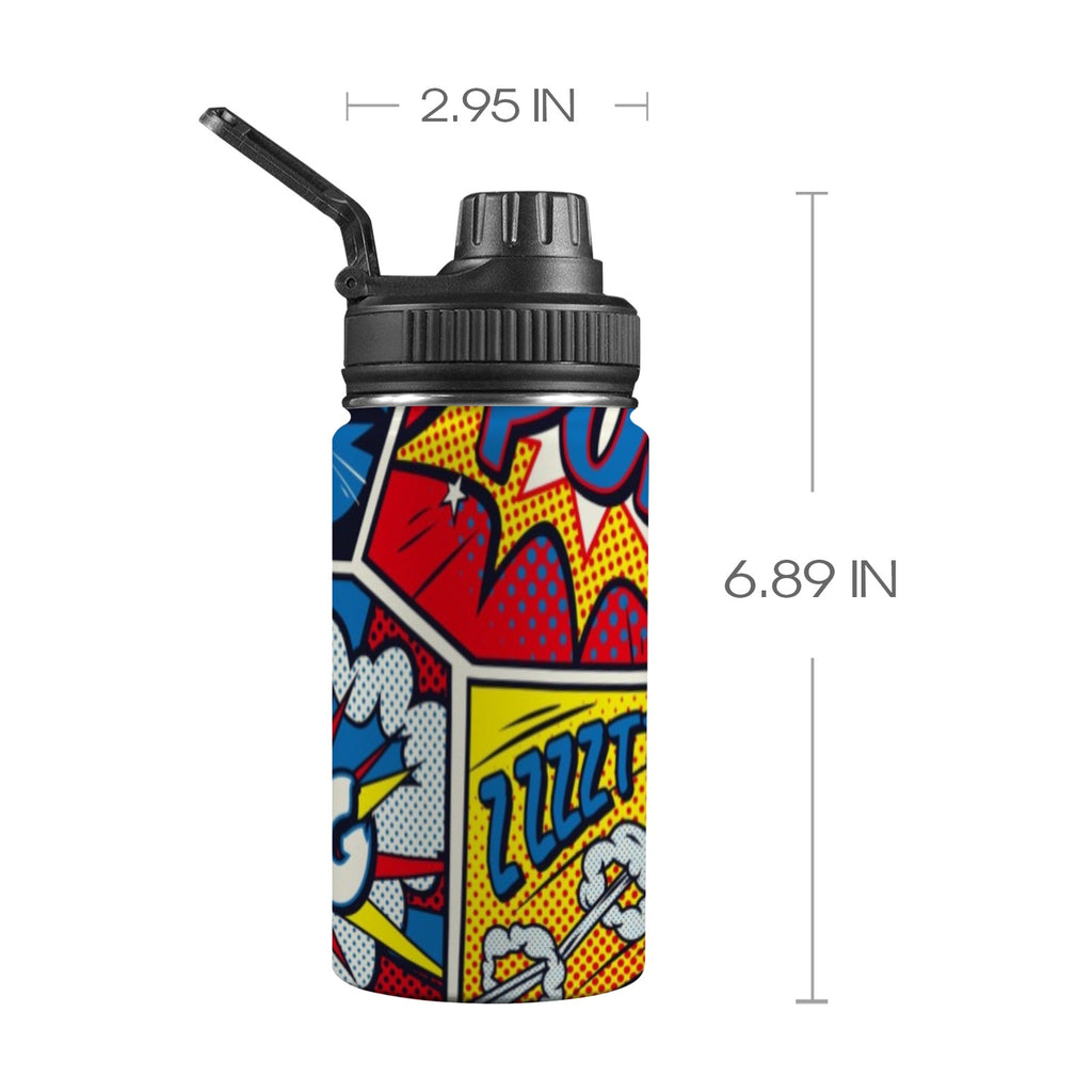 Comic Book Kids Water Bottle with Chug Lid (12 oz) One Size Kids Water Bottle with Chug Lid comic Printed Offshore