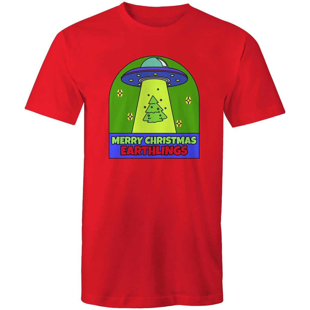 Merry Christmas Earthlings, UFO - Mens T-Shirt Red Mens Christmas T-shirt Christmas Printed In Australia