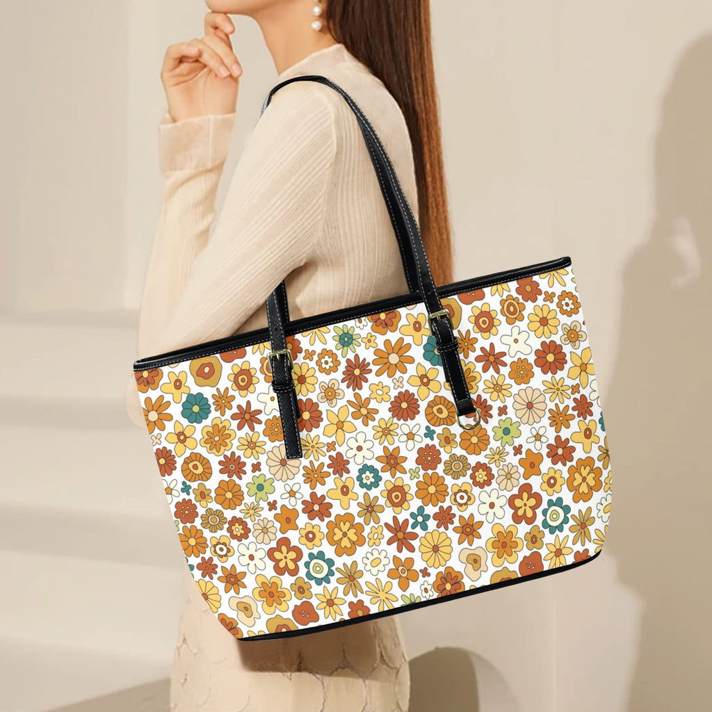 70's Style Floral PU Leather Tote Bag Large