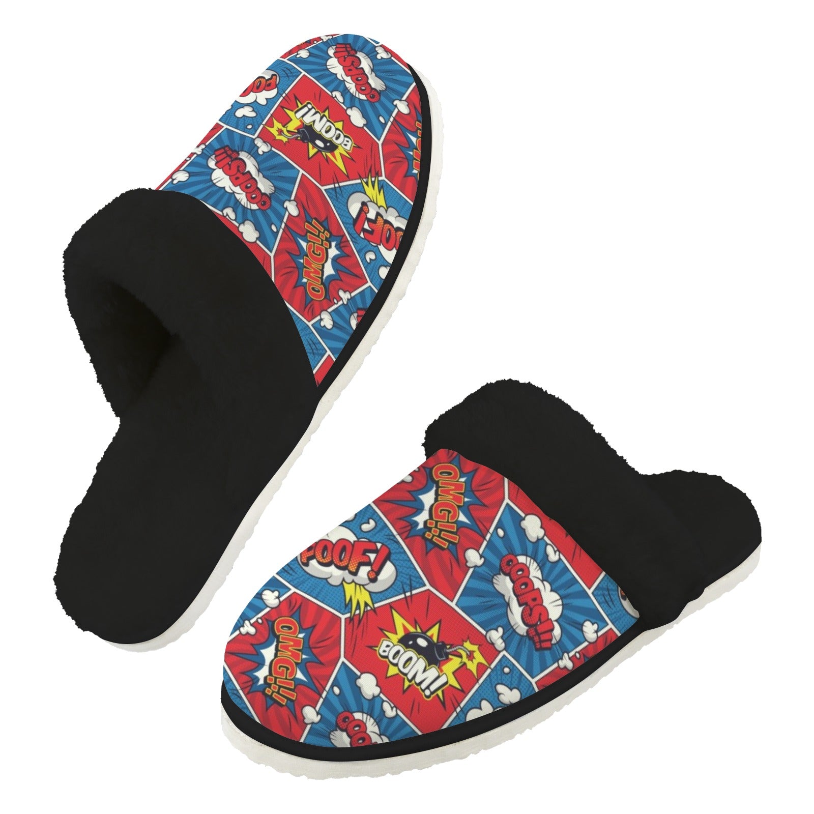 Comic Book Cells Men's Fur Trim Thick-Sole Indoor Slippers 2XL Men's Fur Trimmed Slippers comic Printed Offshore