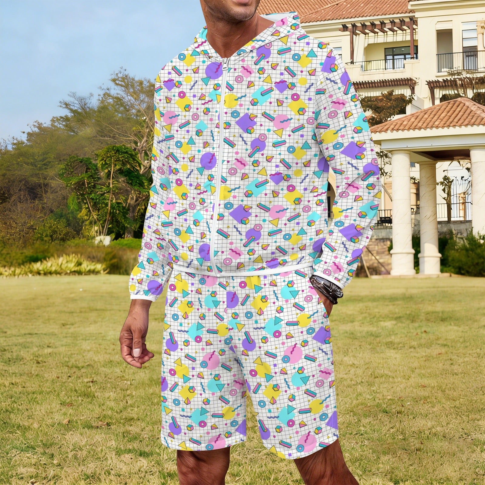 80's Grid Men's Lightweight Sun Hoodie & Shorts Set Men's Lightweight Sun Hoodie & Shorts Printed Offshore Retro