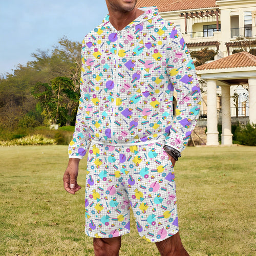 80's Grid Men's Lightweight Sun Hoodie & Shorts Set Men's Lightweight Sun Hoodie & Shorts Printed Offshore Retro