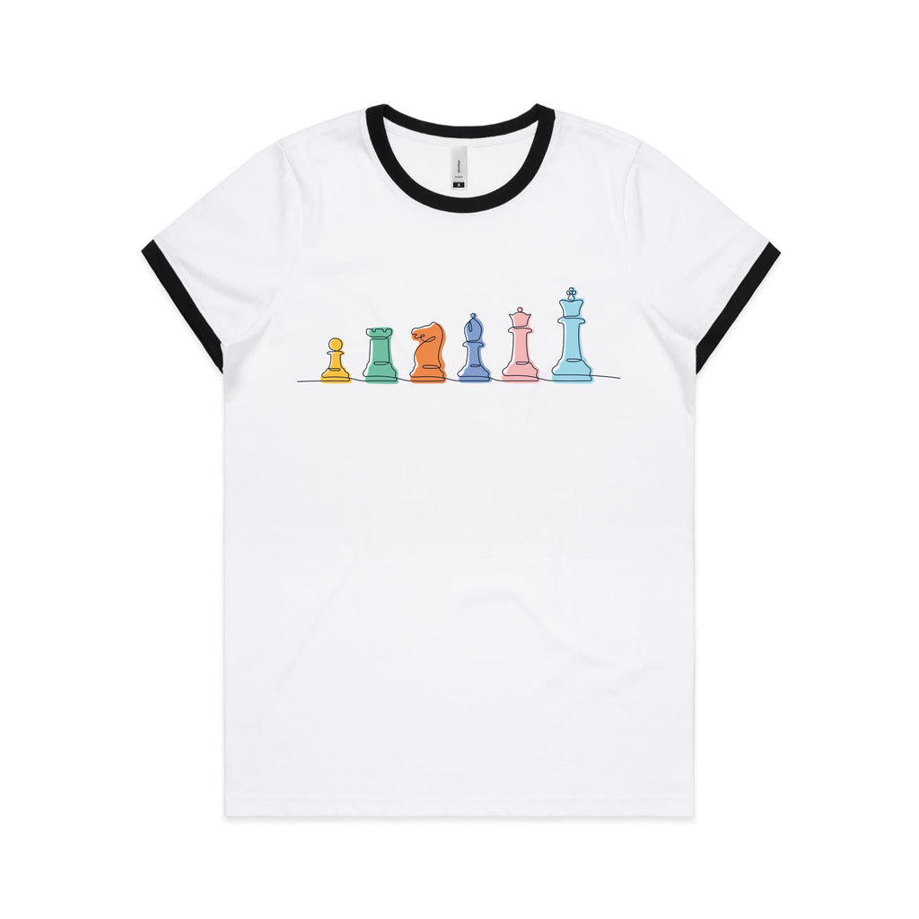 Chess - Women's Ringer Tee White Black Womens Ringer T-shirt Chess Games Printed In Australia