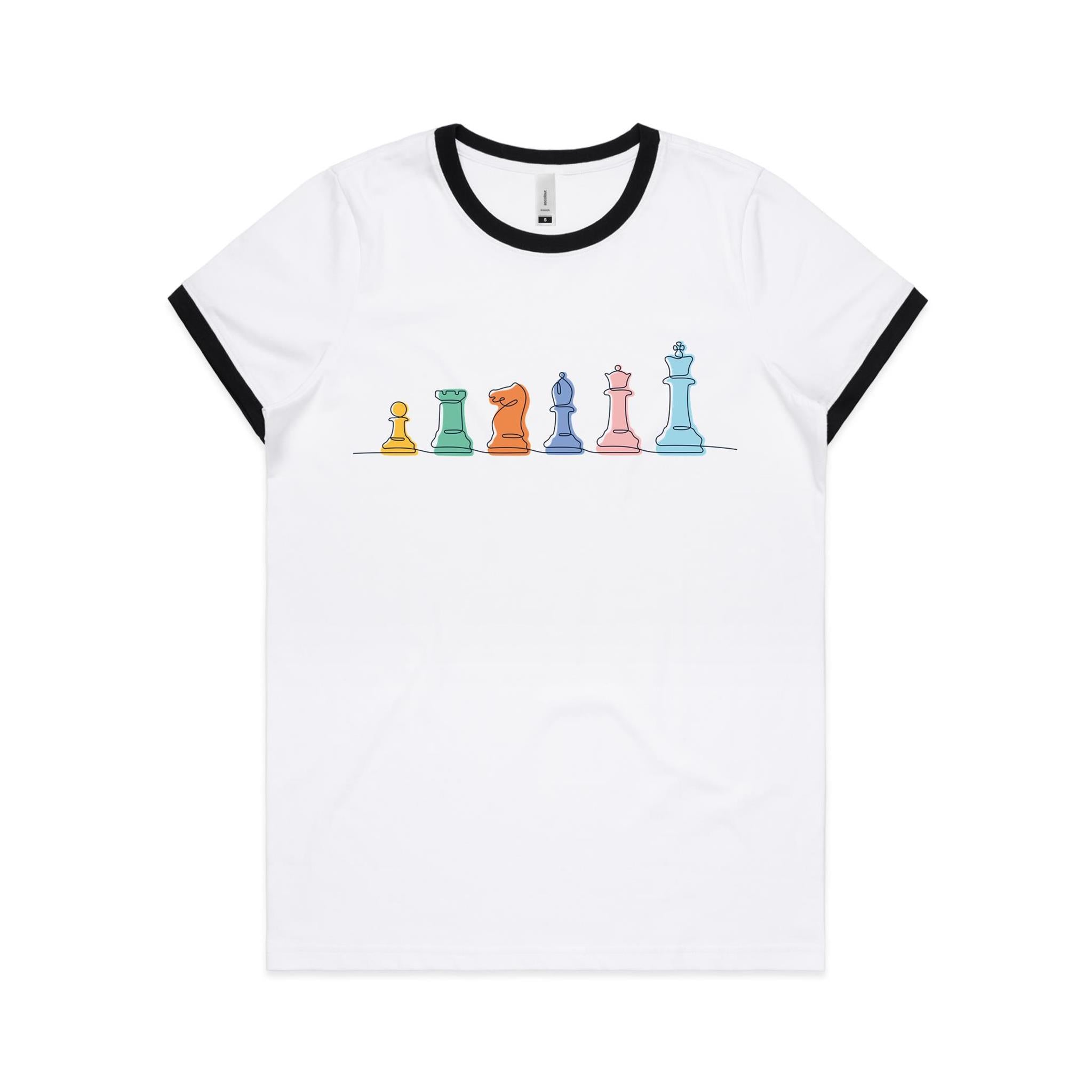 Chess - Women's Ringer Tee White Black Womens Ringer T-shirt Chess Games Printed In Australia