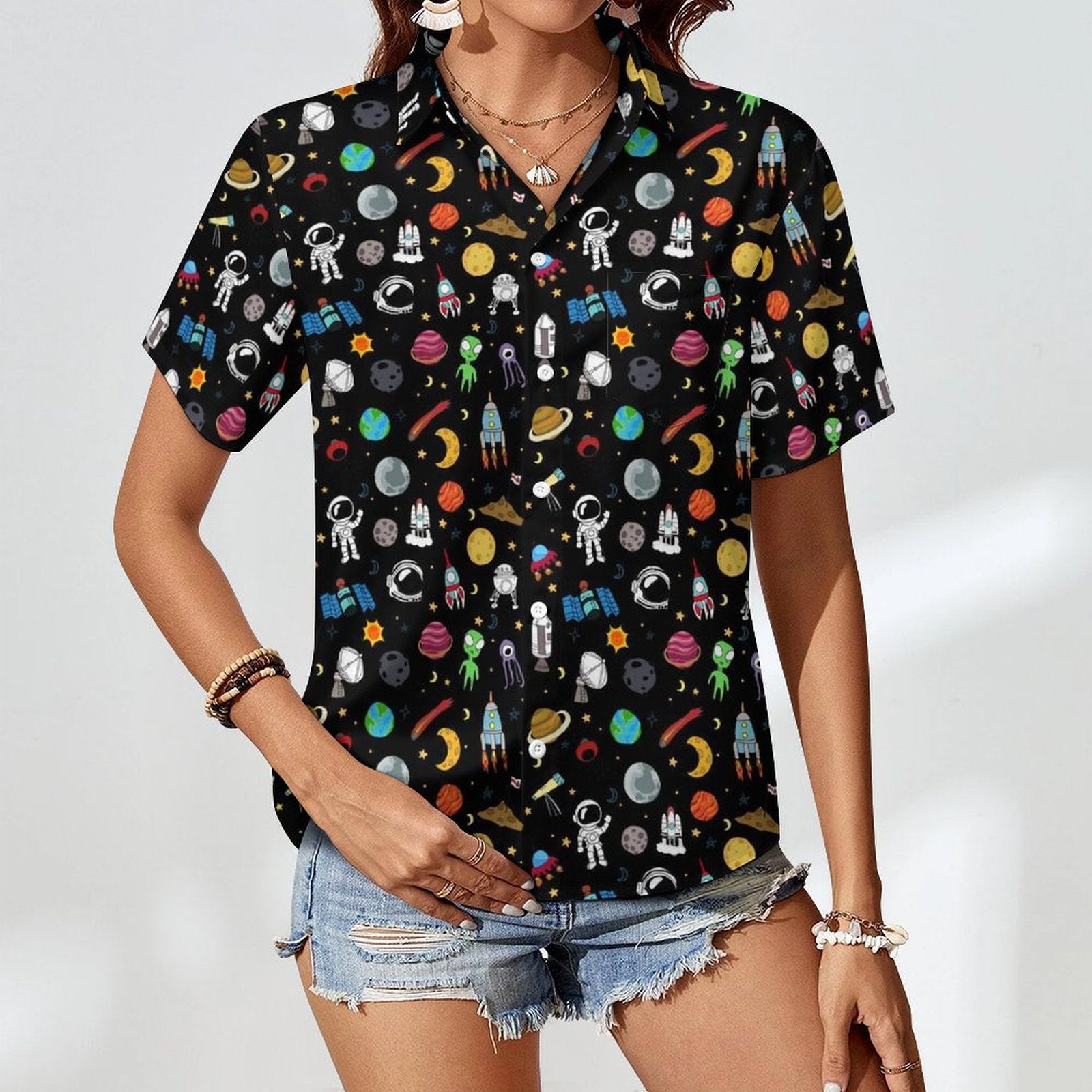 Kids Space Women's Short-Sleeve Button Up Shirt Women's Short-Sleeve Button Up Shirt Printed Offshore Space