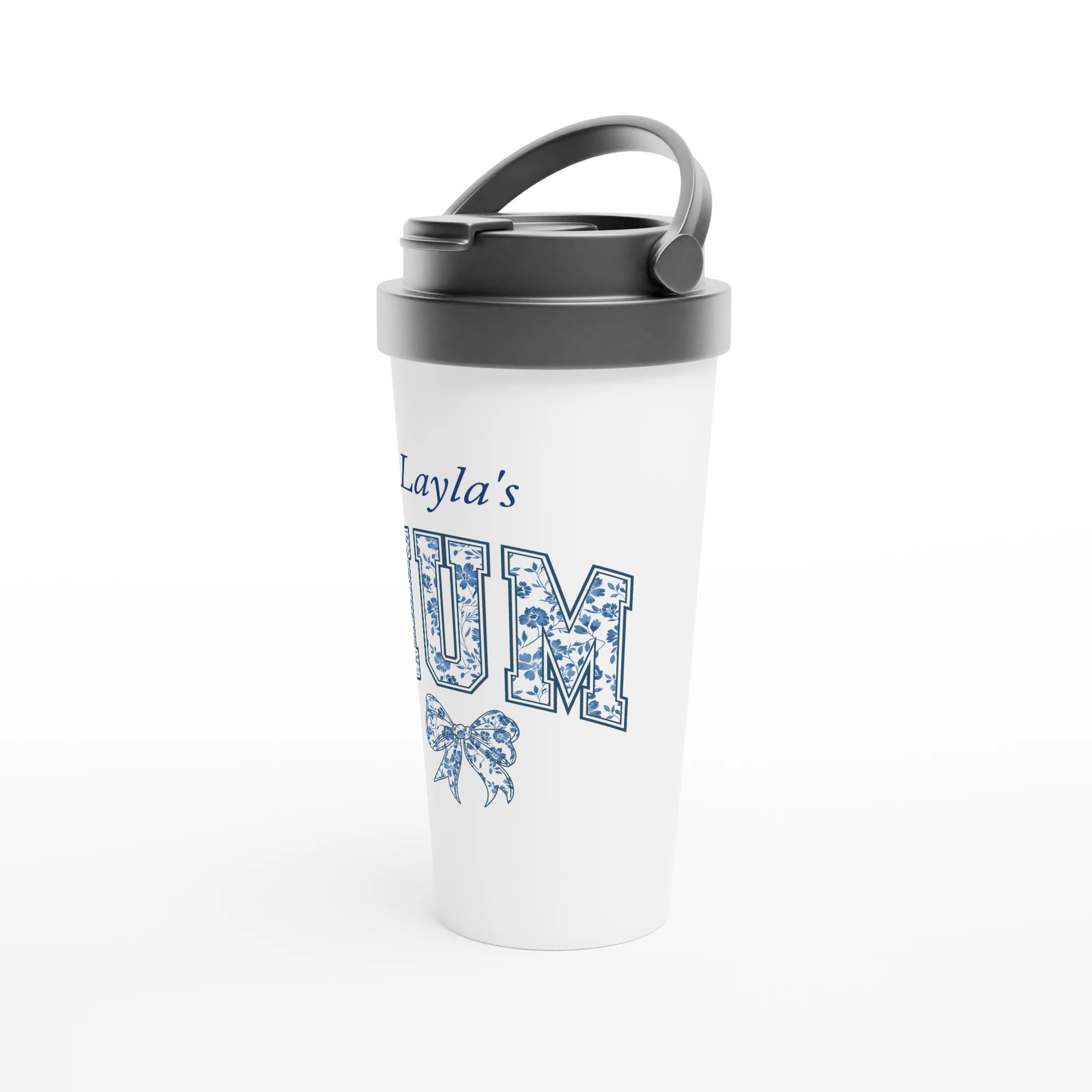 Personalise - Mum, Blue Floral - White 15oz Stainless Steel Travel Mug Personalised Travel Mug customise Globally Fulfilled Mum Name personalise