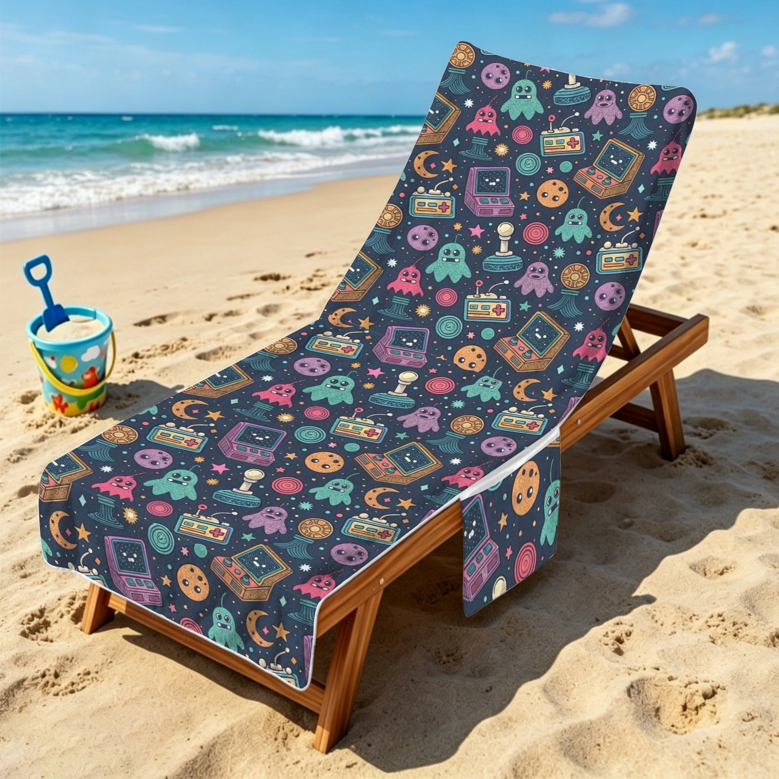 Space Arcade Beach Chair Towel Cover with Side Pockets