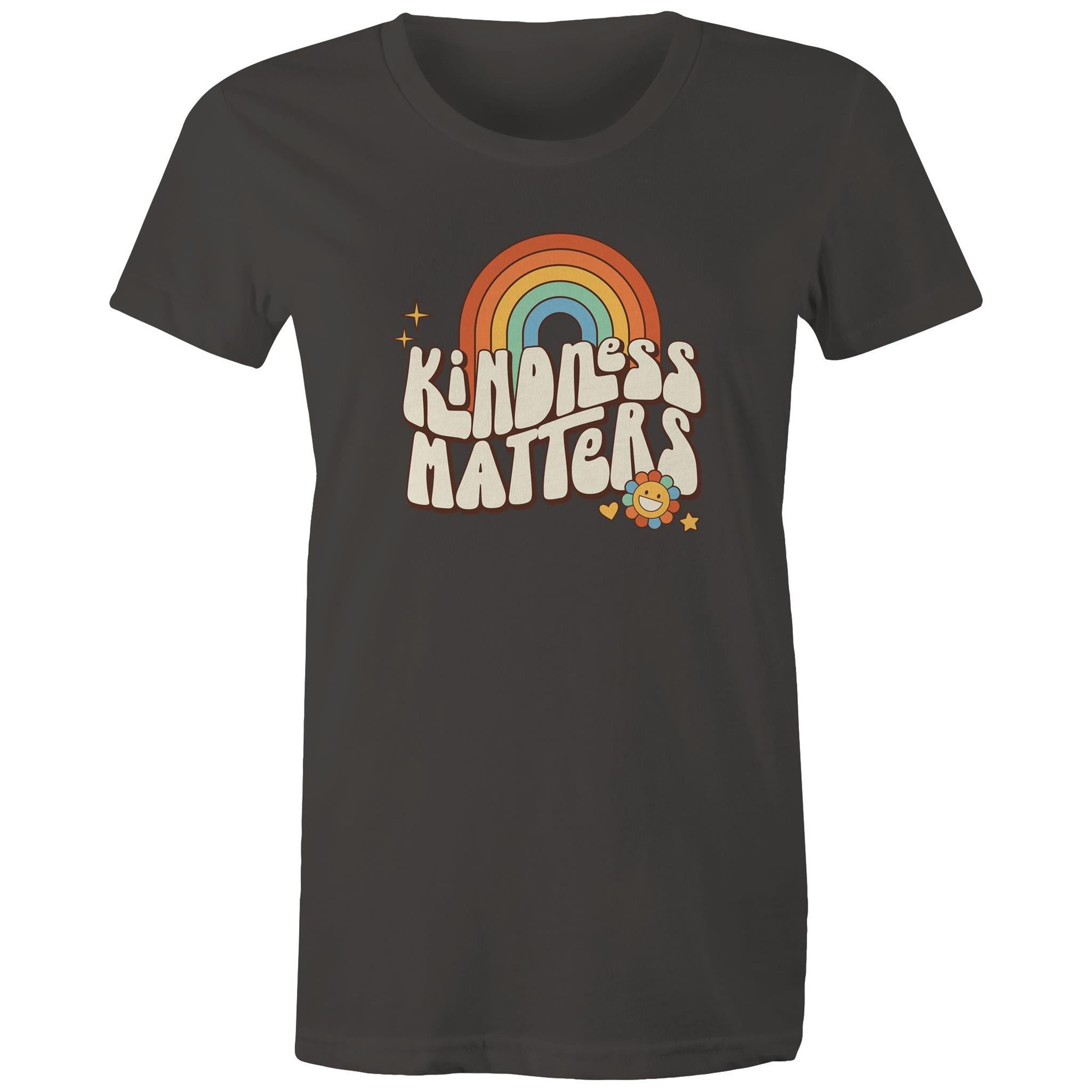 Kindness Matters - Womens T-shirt Charcoal Womens T-shirt Kindness Positivity Printed In Australia Retro
