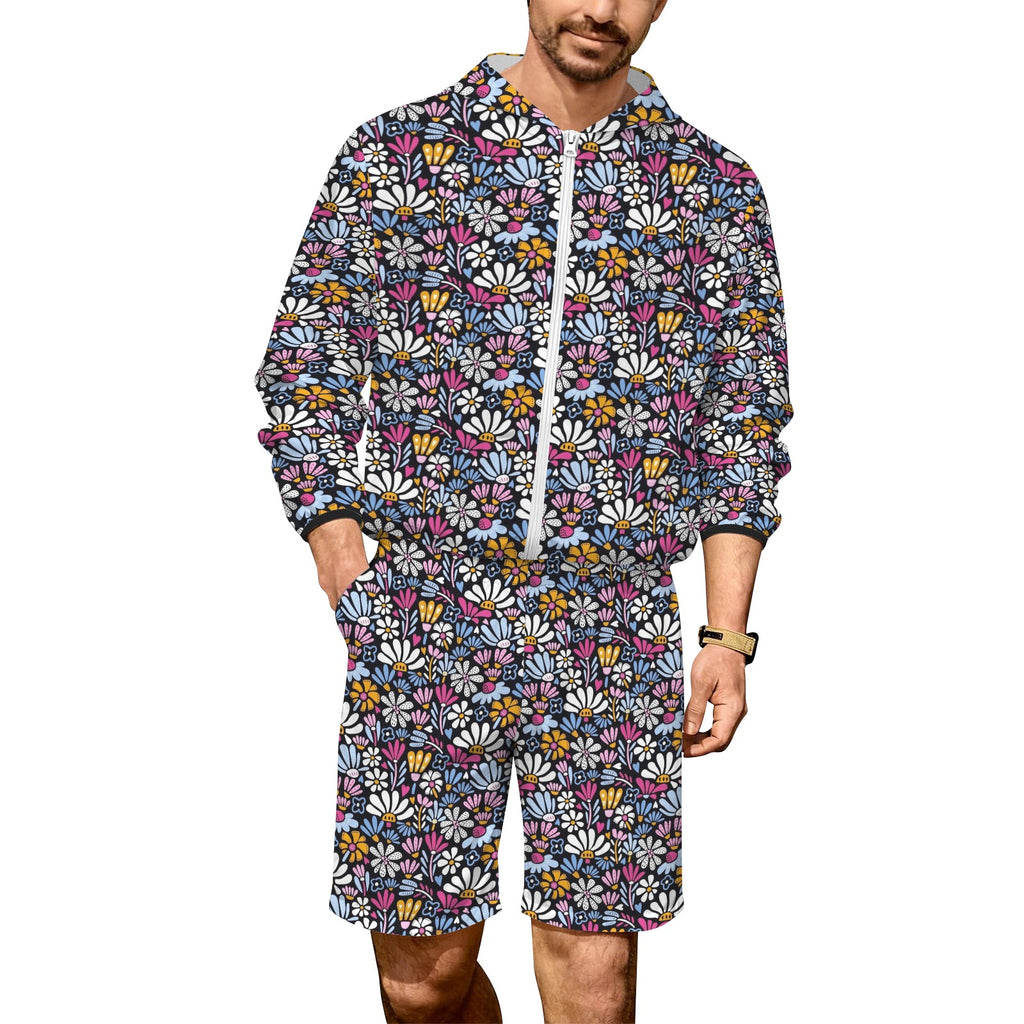 Graphic Flowers On Black Men's Lightweight Sun Hoodie & Shorts Set 4XL Men's Lightweight Sun Hoodie & Shorts Plants Printed Offshore