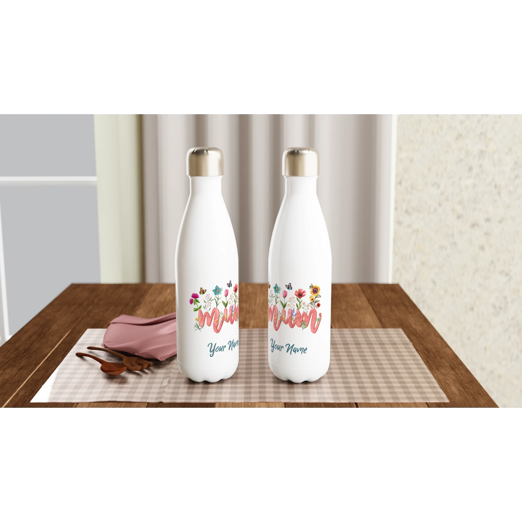 Personalised - Mum With Flowers And Butterflies - White 17oz Stainless Steel Water Bottle Personalised Water Bottle Globally Fulfilled Mum
