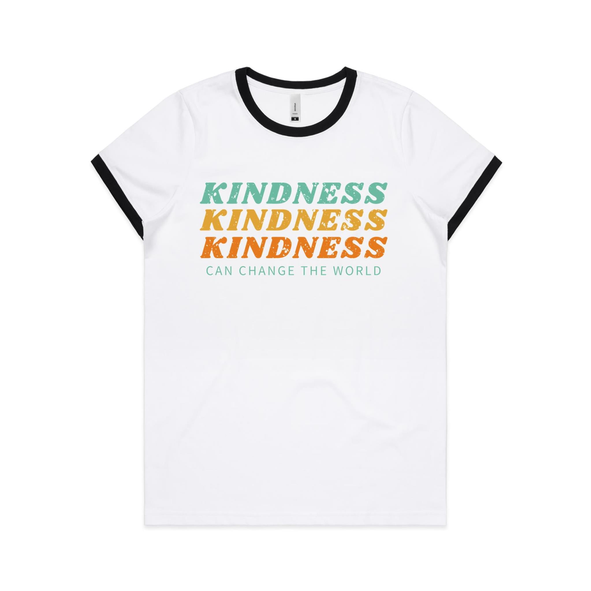 Kindness Can Change The World - Women's Ringer Tee White Black Womens Ringer T-shirt Kindness Printed In Australia