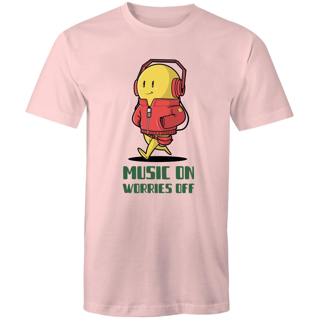 Music On, Worries Off - Mens T-Shirt Pink Mens T-shirt Music Printed In Australia