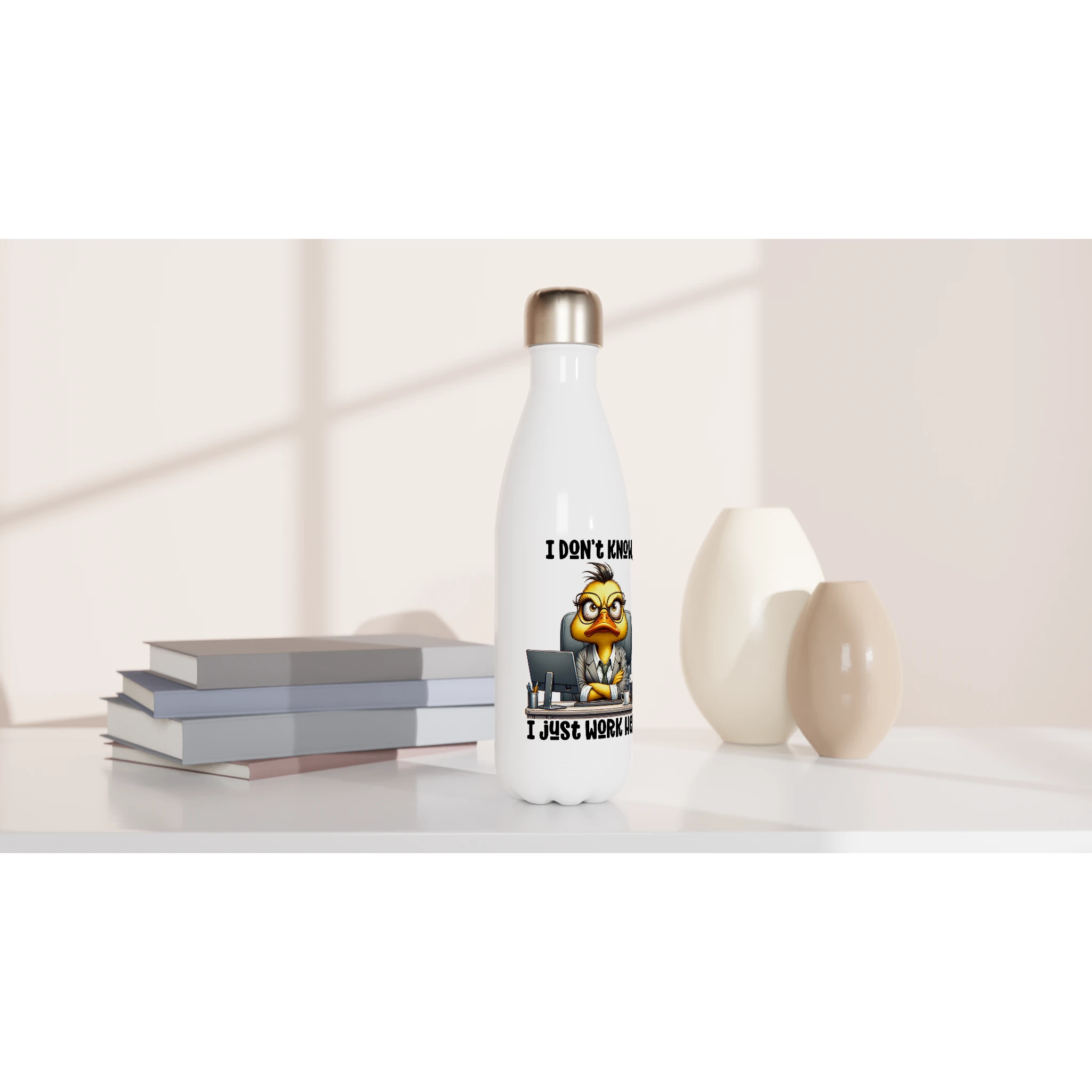 I Don't Know, I Just Work Here, Duck - White 17oz Stainless Steel Water Bottle White Water Bottle animal Globally Fulfilled
