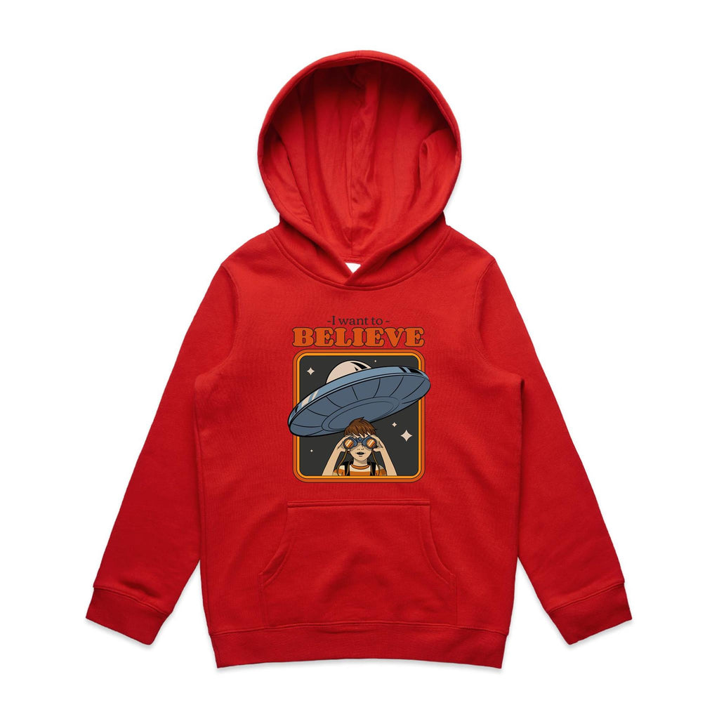 I Want To Believe, UFO - Kids Hoodie Red Kids Hoodie Printed In Australia