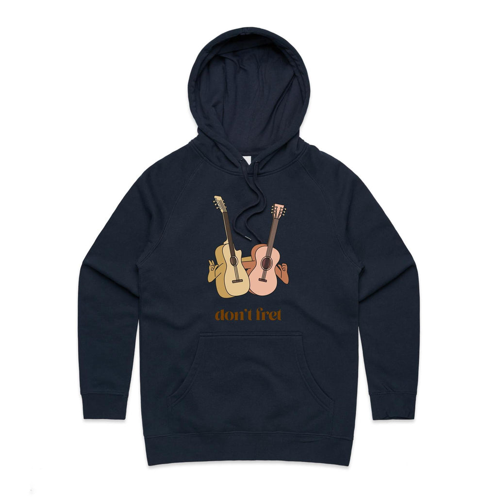 Guitars, Don't Fret - Womens Hoodie Navy Womens Hoodie Music Positivity Printed In Australia