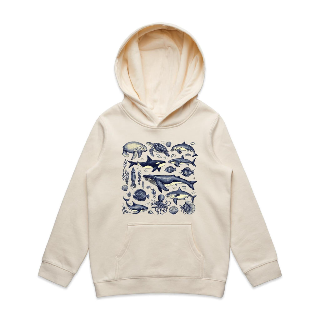 Sea Creatures - Kids Hoodie Ecru Kids Hoodie Printed In Australia