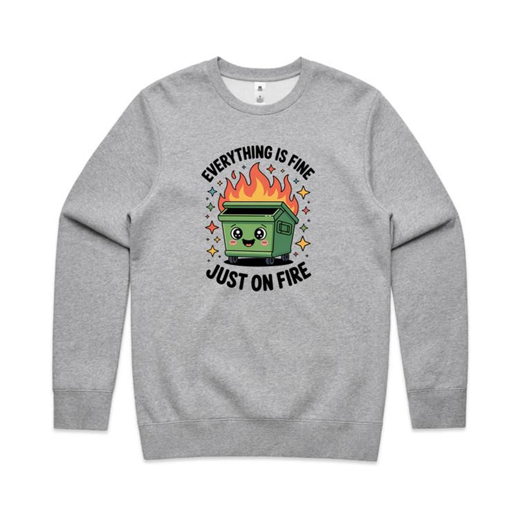 Skip Bin, Dumpster Fire AS Colour Stencil Crew Sweatshirt Unisex Grey Marle Sweatshirt Printed In Australia