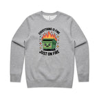 Skip Bin, Dumpster Fire AS Colour Stencil Crew Sweatshirt Unisex Grey Marle Sweatshirt Printed In Australia