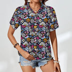 Graphic Flowers On Black Women's Short-Sleeve Button Up Shirt Women's Short-Sleeve Button Up Shirt Plants Printed Offshore