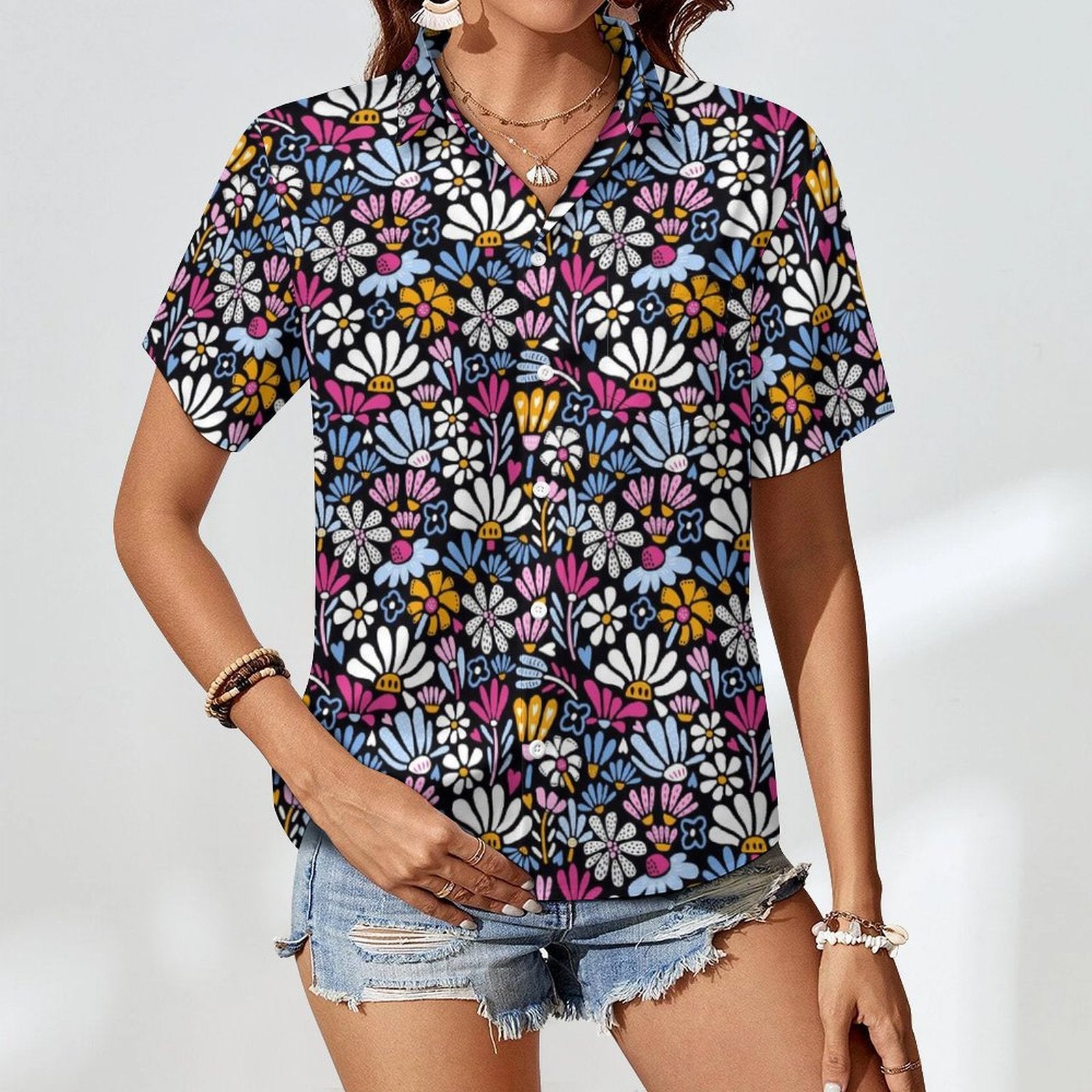 Graphic Flowers On Black - Women's Short-Sleeve Button Up Shirt