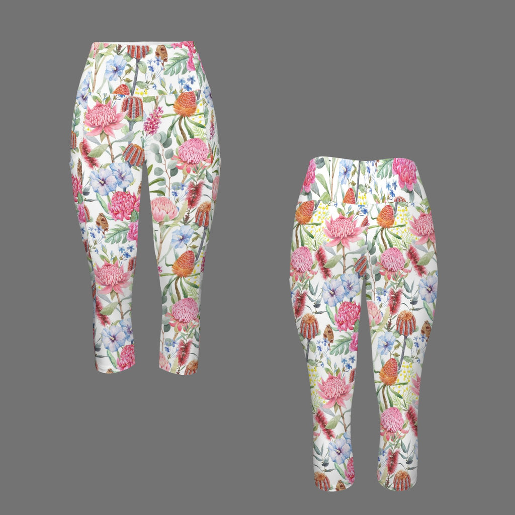 Australian Flowers Women's High Waist Pocket Capri Yoga Leggings Women's High Waist Capri Yoga Leggings Plants Printed Offshore