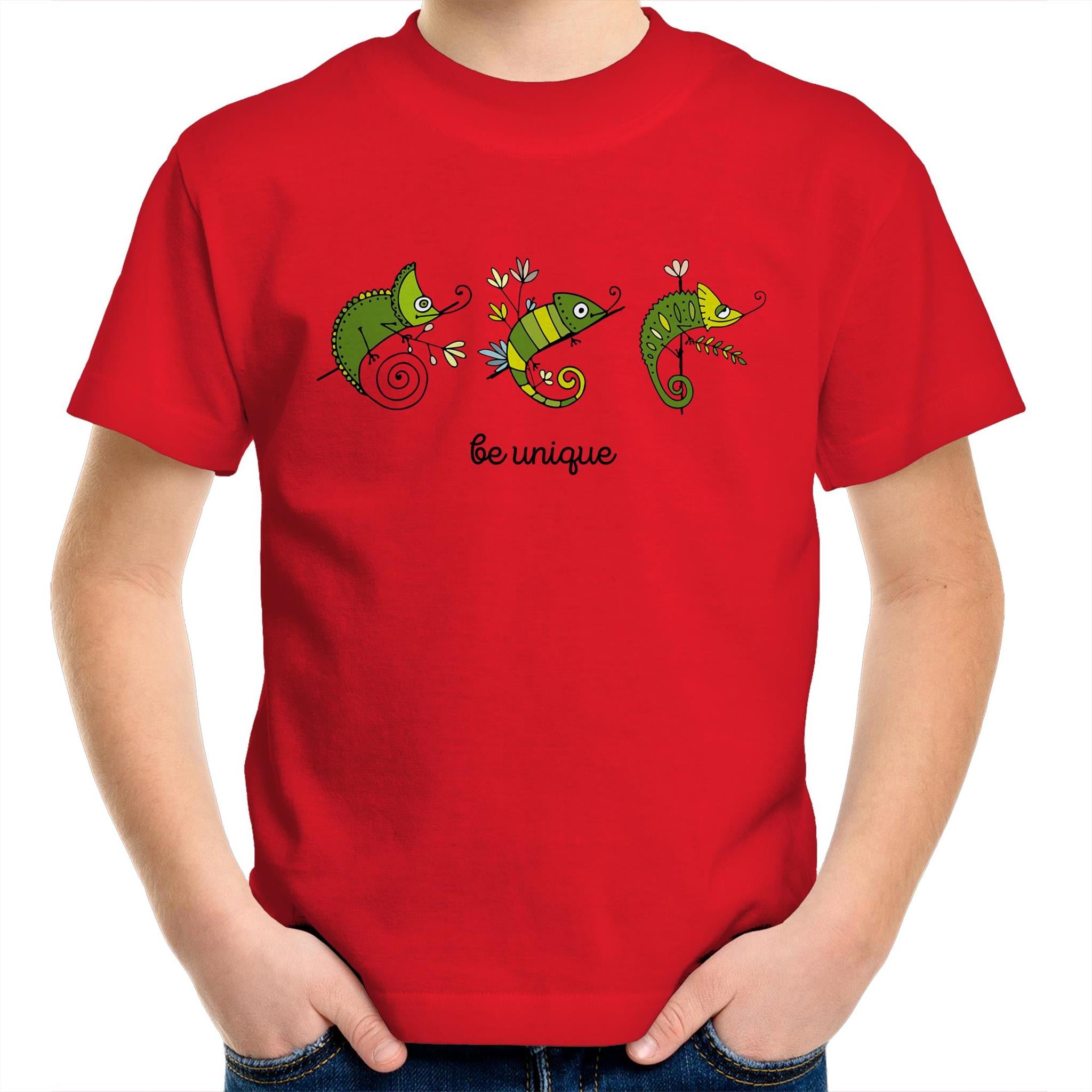 Chameleon, Be Unique - Kids Youth T-Shirt Red Kids Youth T-shirt animal Printed In Australia
