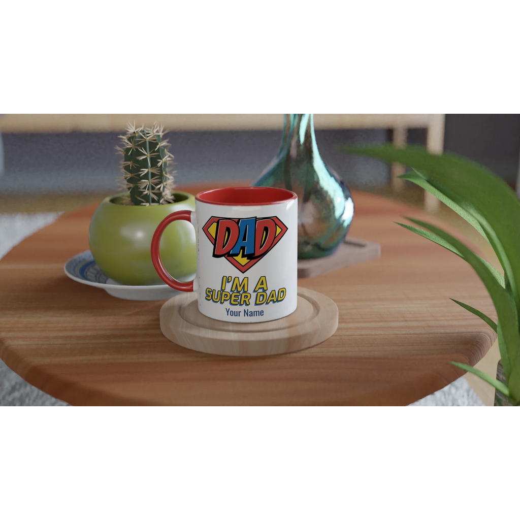 Personalised - I'm A Super Dad - White 11oz Ceramic Mug with Colour Inside Personalised 11oz Mug comic Customise Dad Personalise