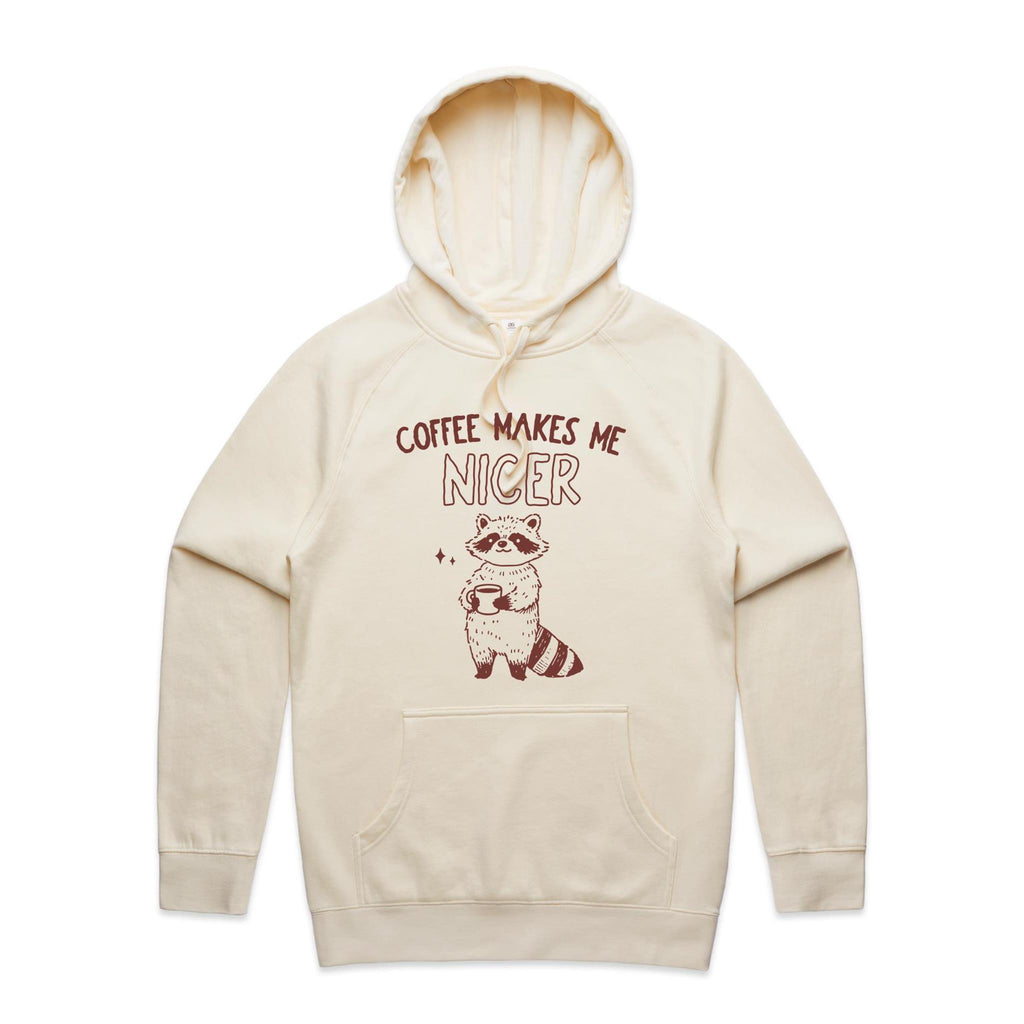 Coffee Makes Me Nicer, Raccoon - Mens Hoodie Ecru Mens Hoodie animal Coffee Printed In Australia