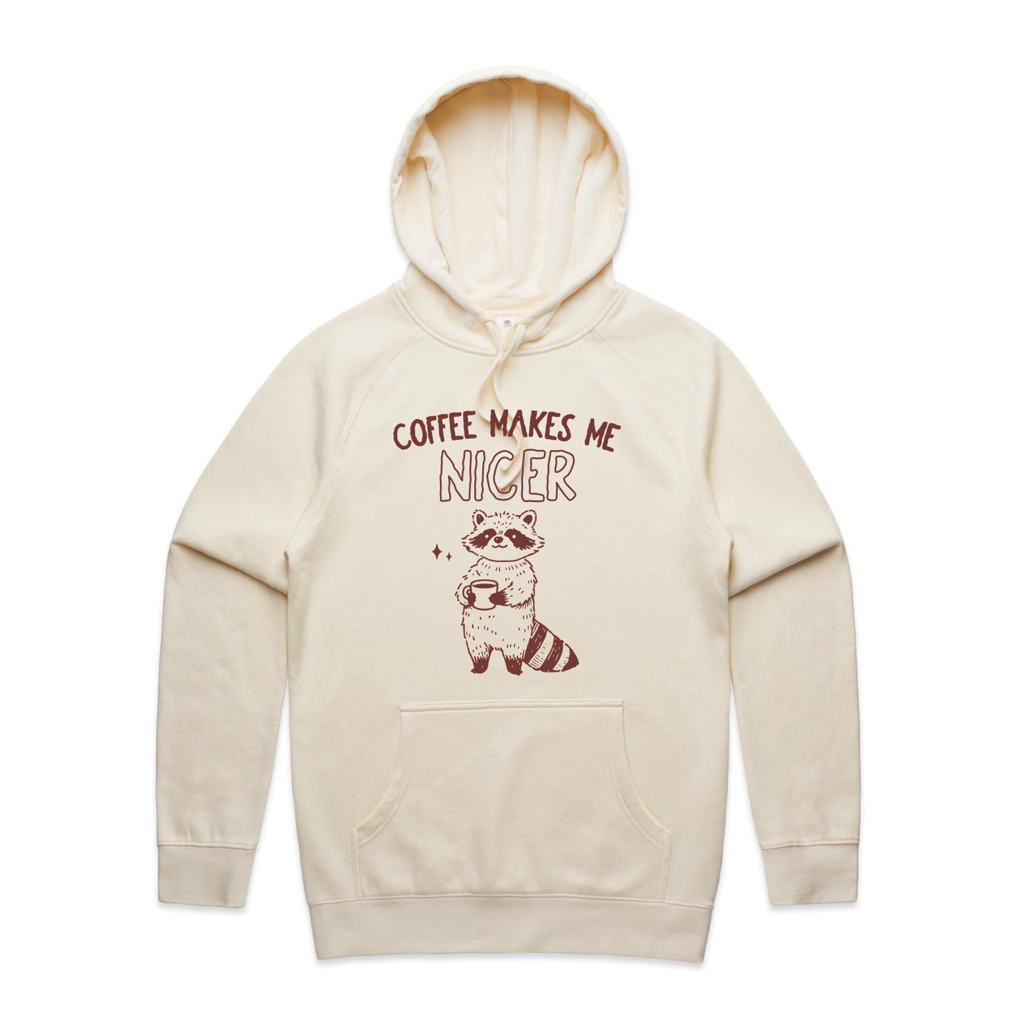 Coffee Makes Me Nicer, Raccoon - Mens Hoodie Ecru Mens Hoodie animal Coffee Printed In Australia