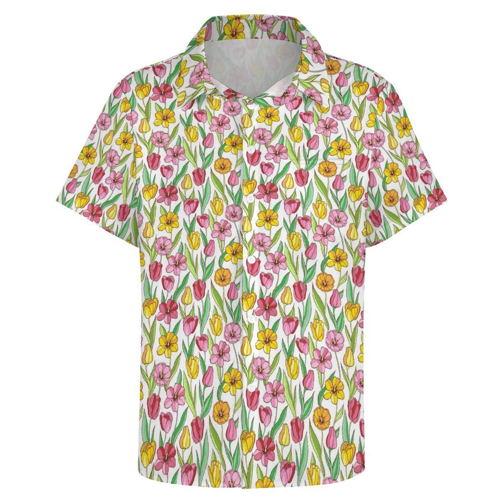 Pink And Yellow Floral Women's Short-Sleeve Button Up Shirt Women's Short-Sleeve Button Up Shirt Plants Printed Offshore