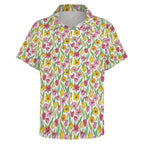 Pink And Yellow Floral Women's Short-Sleeve Button Up Shirt Women's Short-Sleeve Button Up Shirt Plants Printed Offshore