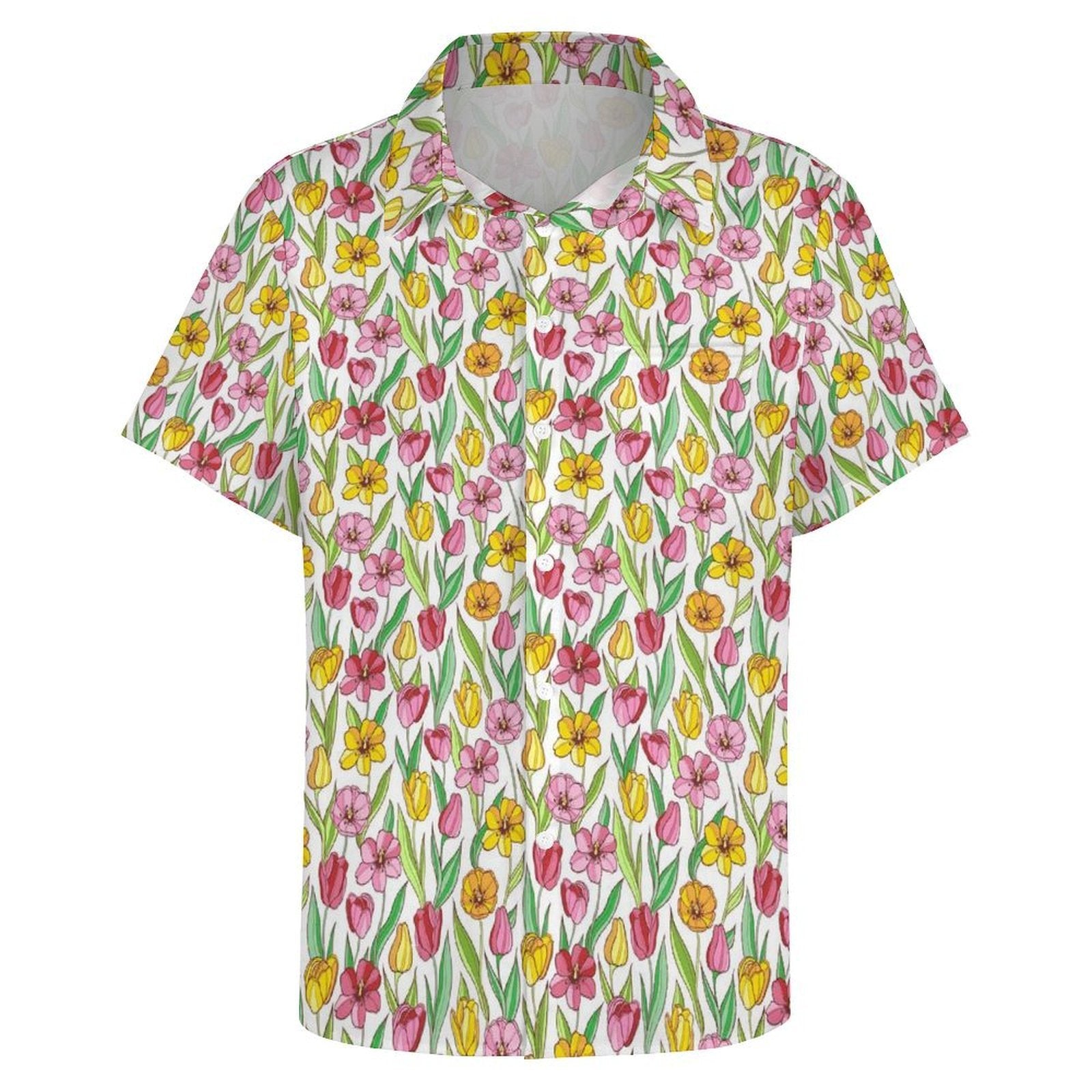 Pink And Yellow Floral Women's Short-Sleeve Button Up Shirt Women's Short-Sleeve Button Up Shirt Plants Printed Offshore