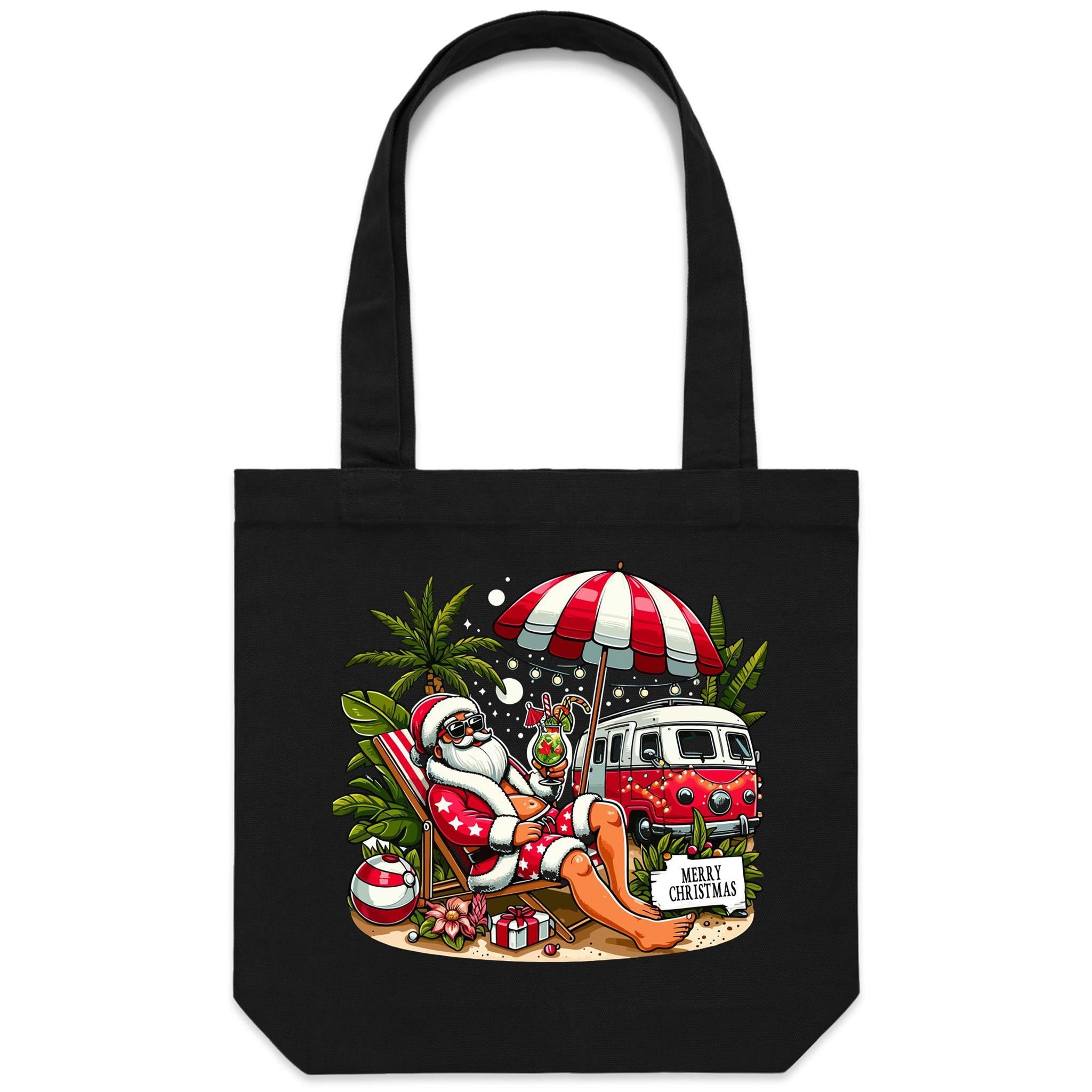 Santa By The Beach - Canvas Tote Bag Black One Size Christmas Tote Bag Christmas Printed In Australia