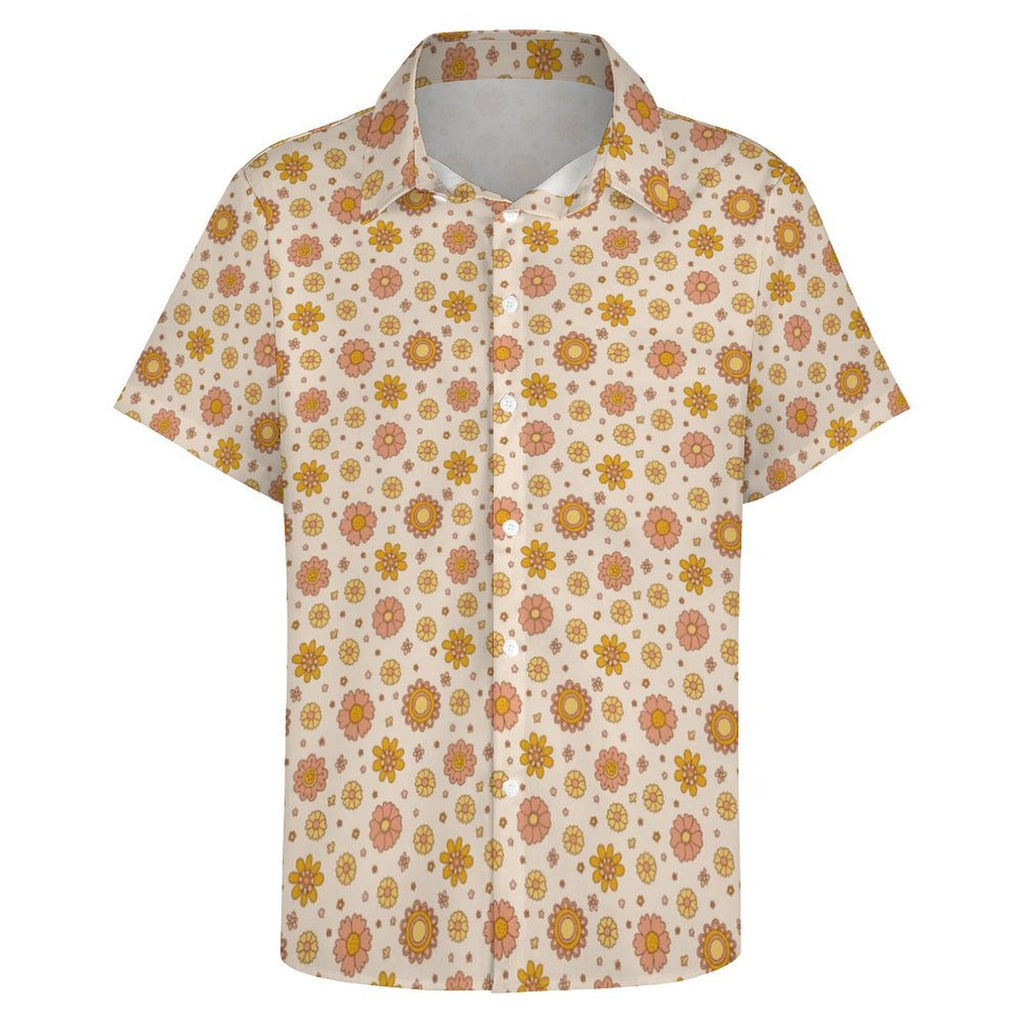 Orange Flowers Women's Collared Pocketless Short Sleeve Shirt