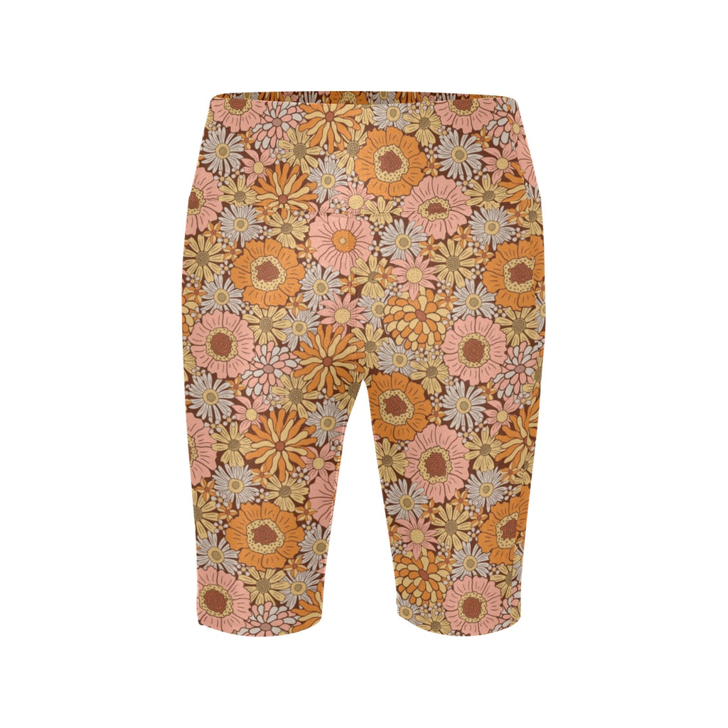 Orange Retro Floral Women's Bike Shorts With Side Pockets