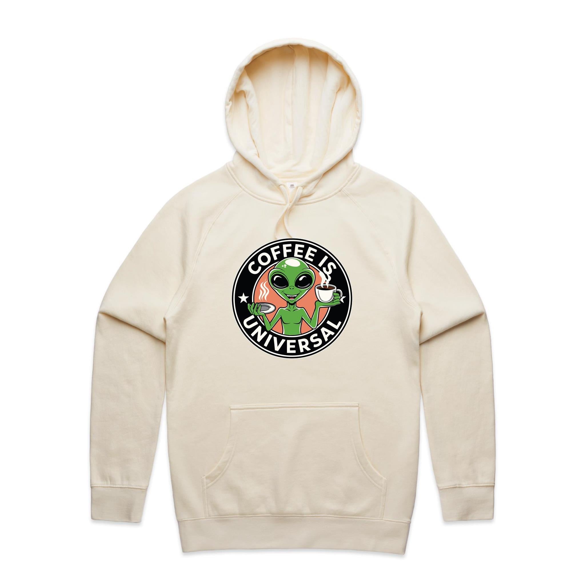Coffee Is Universal, Alien - Mens Hoodie Ecru Mens Hoodie Coffee Printed In Australia Sci Fi