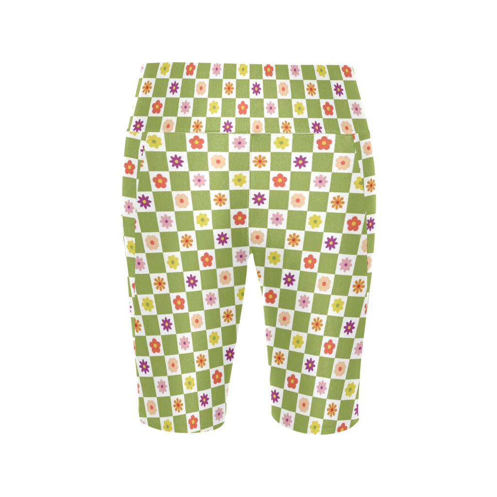 Flower Check Women's Bike Shorts With Side Pockets