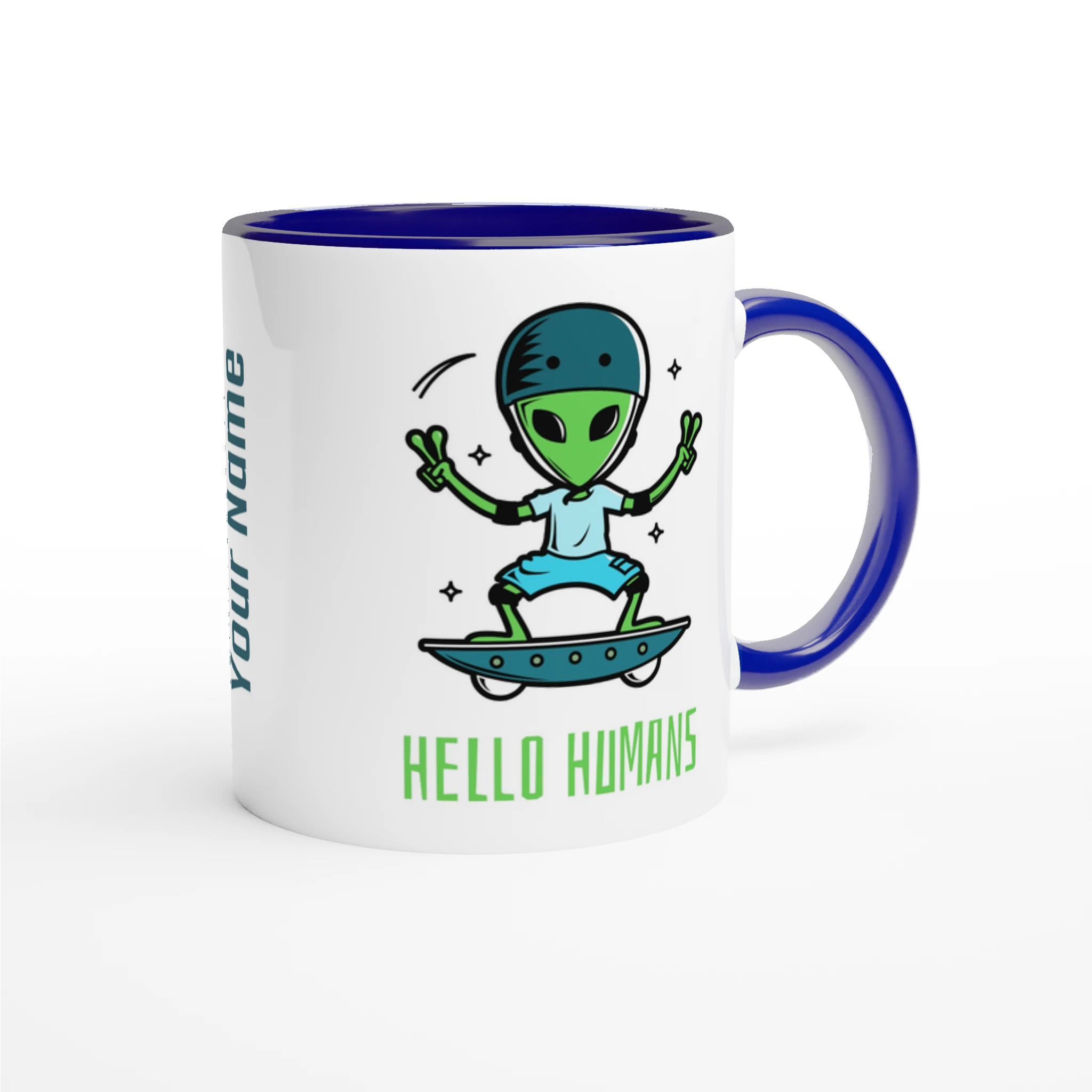 Personalised - Hello Humans - White 11oz Ceramic Mug with Colour Inside Personalised 11oz Mug customise Globally Fulfilled personalise Sci Fi