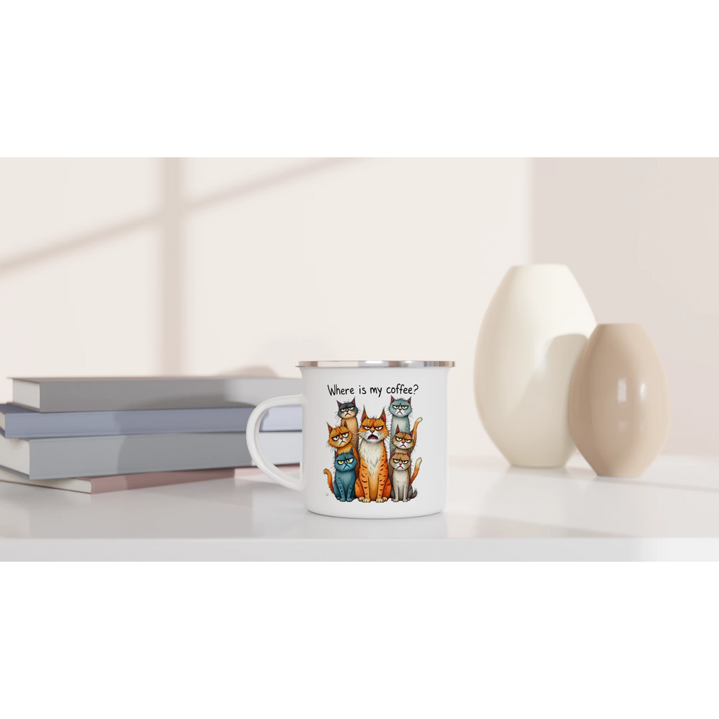 Where Is My Coffee, Cranky Cats - White 12oz Enamel Mug Enamel Mug animal Coffee Globally Fulfilled
