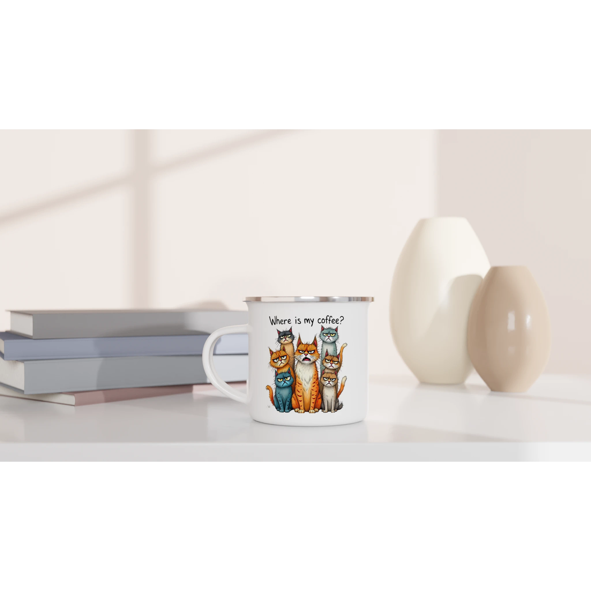 Where Is My Coffee, Cranky Cats - White 12oz Enamel Mug Enamel Mug animal Coffee Globally Fulfilled