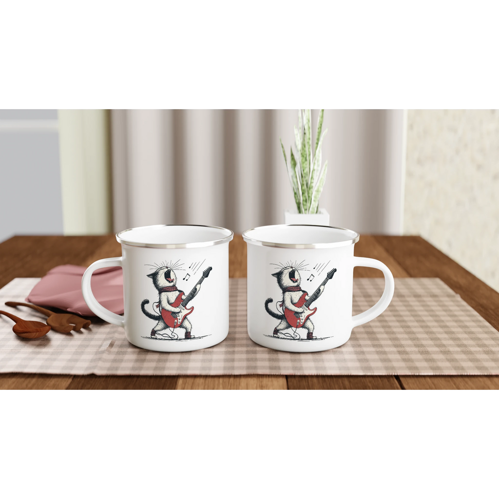 Personalised Cat Playing Guitar White 12oz Enamel Mug Personalised Enamel Mug animal Globally Fulfilled Music