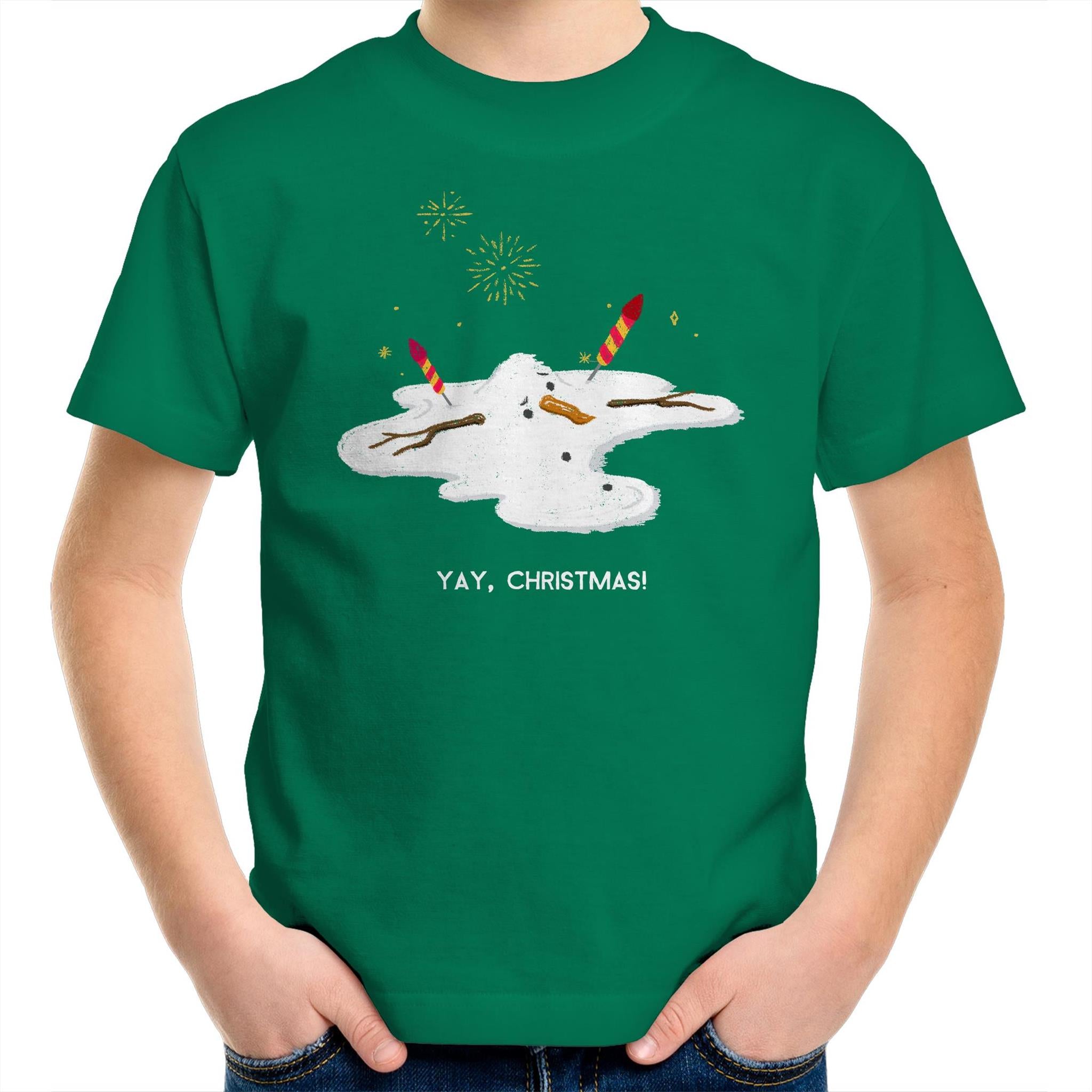 Melting Snowman, Yay Christmas - Kids Youth T-Shirt Kelly Green Kids Christmas T-shirt Christmas Printed In Australia