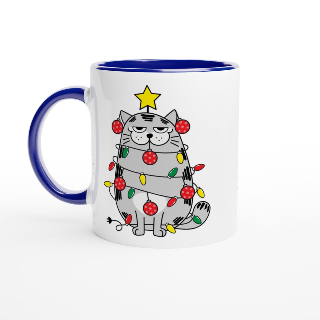 Christmas Cat - White 11oz Ceramic Mug with Colour Inside Ceramic Blue Christmas Colour Mug Christmas Globally Fulfilled