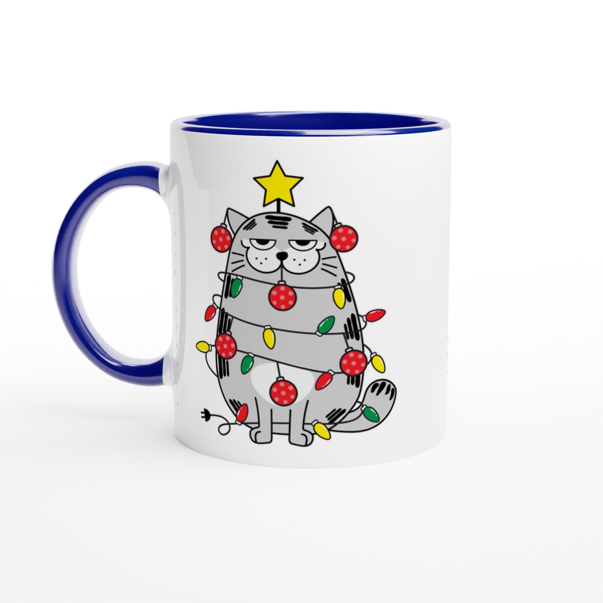 Christmas Cat - White 11oz Ceramic Mug with Colour Inside Ceramic Blue Christmas Colour Mug Christmas Globally Fulfilled